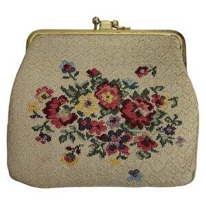 VTG Saks Fifth Avenue Floral Petit Point Coin Purse Clutch Double Gold Kisslock